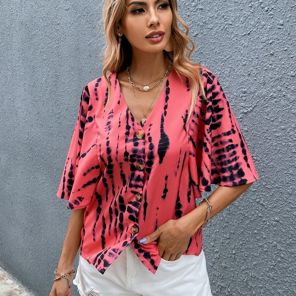 New Tie Dye Butterfly Sleeve Button Through Blouse Pink - Picture 2 of 4